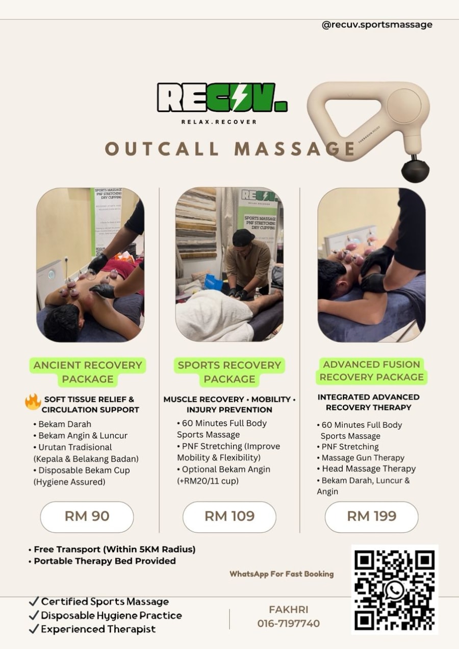 Poster pakej RECUV. — Outcall Massage, sesi sebenar